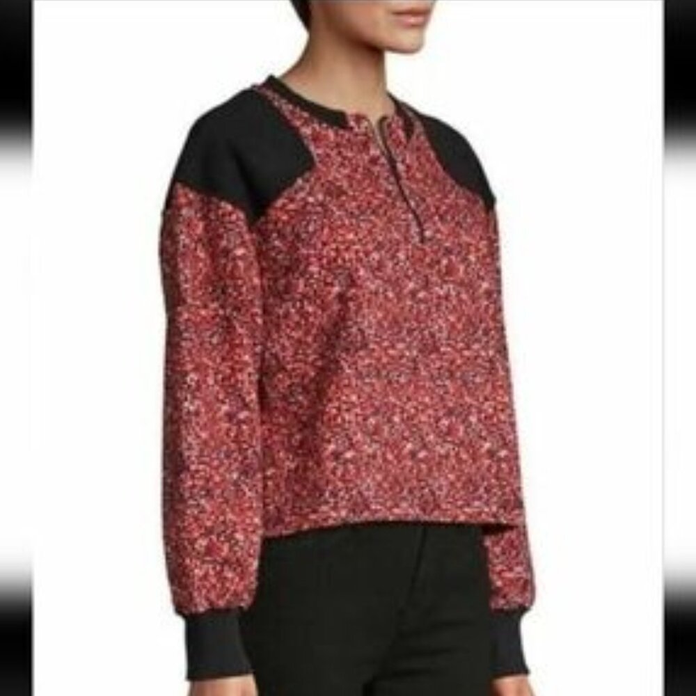 Rebecca Minkoff Sweatshirt Women's L Red Black Floral Cropped Half-Zip Pullover